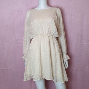 Urban Outfitters Cream Long Sleeve Swiss Dot Elastic Waist Mini Dress